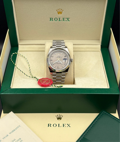Rolex Day-Date 228239-0006 Silver Quadrant Motif Bevelled Roman Dial 40mm White Gold Mens Watch