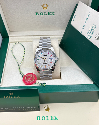 DAY DATE 40MM WATCH FLUTED BEZEL DIAMOND PAVED RAINBOW SAPPHIRE DIAL