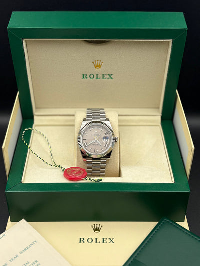 Rolex Day-Date 228239-0006 Silver Quadrant Motif Bevelled Roman Dial 40mm White Gold Mens Watch