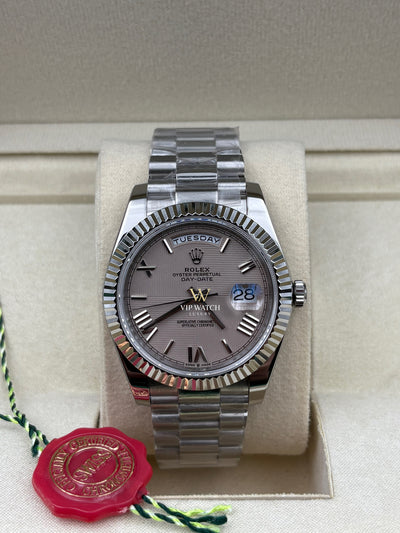 Rolex Day-Date 228239-0006 Silver Quadrant Motif Bevelled Roman Dial 40mm White Gold Mens Watch