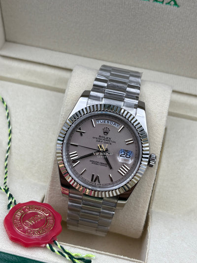 Rolex Day-Date 228239-0006 Silver Quadrant Motif Bevelled Roman Dial 40mm White Gold Mens Watch