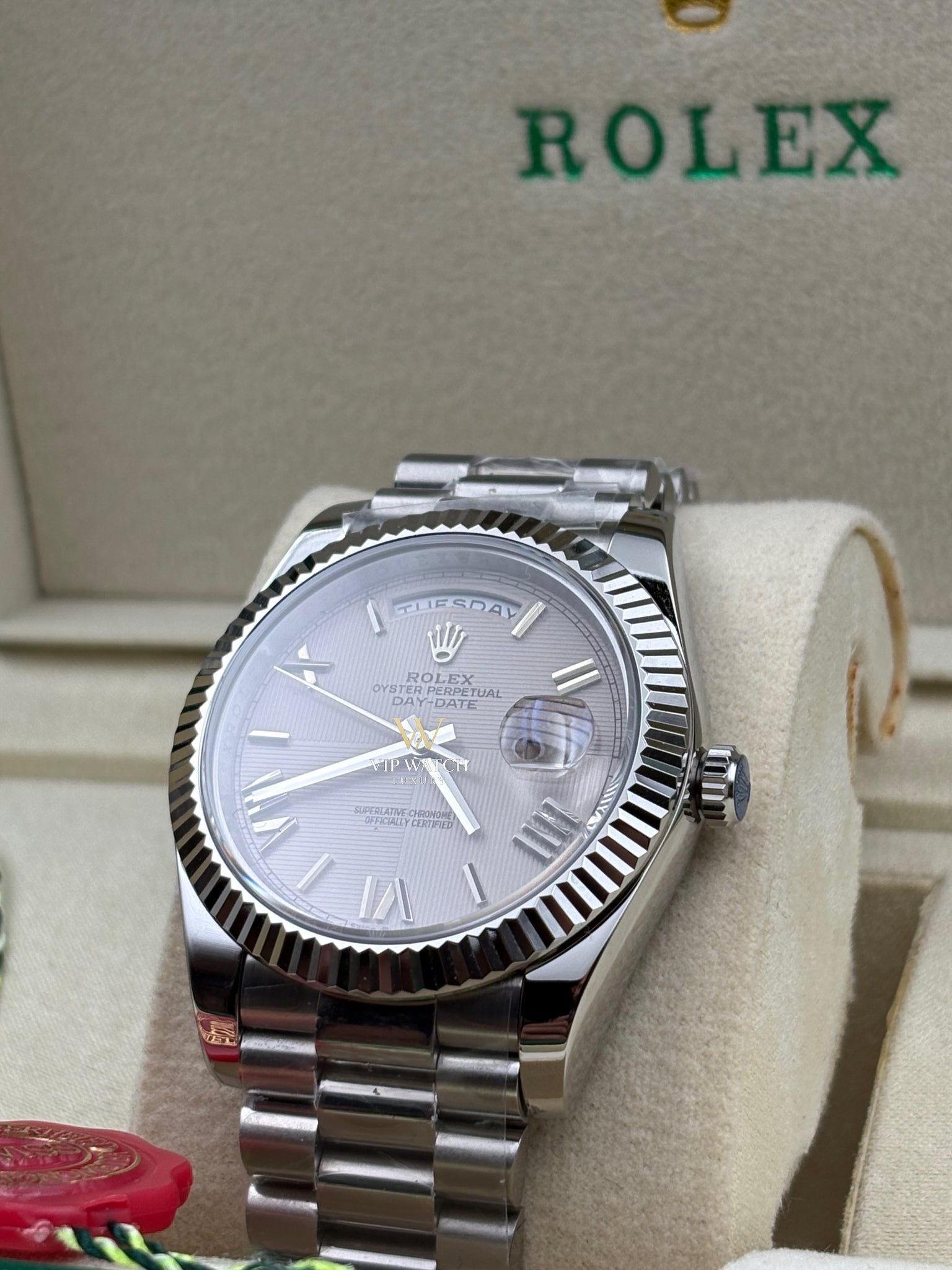 Rolex Day-Date 228239-0006 Silver Quadrant Motif Bevelled Roman Dial 40mm White Gold Mens Watch
