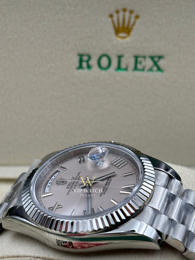 Rolex Day-Date 228239-0006 Silver Quadrant Motif Bevelled Roman Dial 40mm White Gold Mens Watch