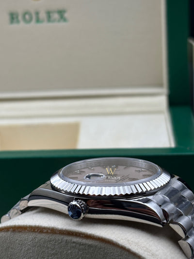 Rolex Day-Date 228239-0006 Silver Quadrant Motif Bevelled Roman Dial 40mm White Gold Mens Watch