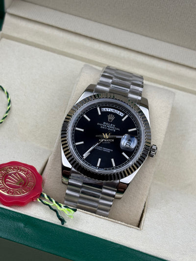 DAY-DATE II 40MM BEZEL DARK RODHIUM DIAL LINE MOTIF STICK MARKERS