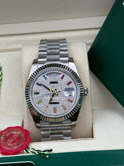 DAY DATE 40MM WATCH FLUTED BEZEL DIAMOND PAVED RAINBOW SAPPHIRE DIAL
