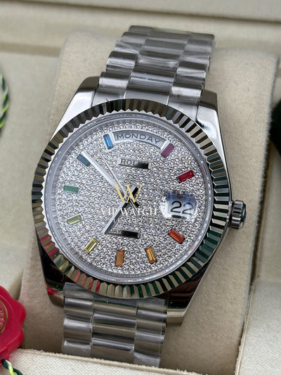 DAY DATE 40MM WATCH FLUTED BEZEL DIAMOND PAVED RAINBOW SAPPHIRE DIAL