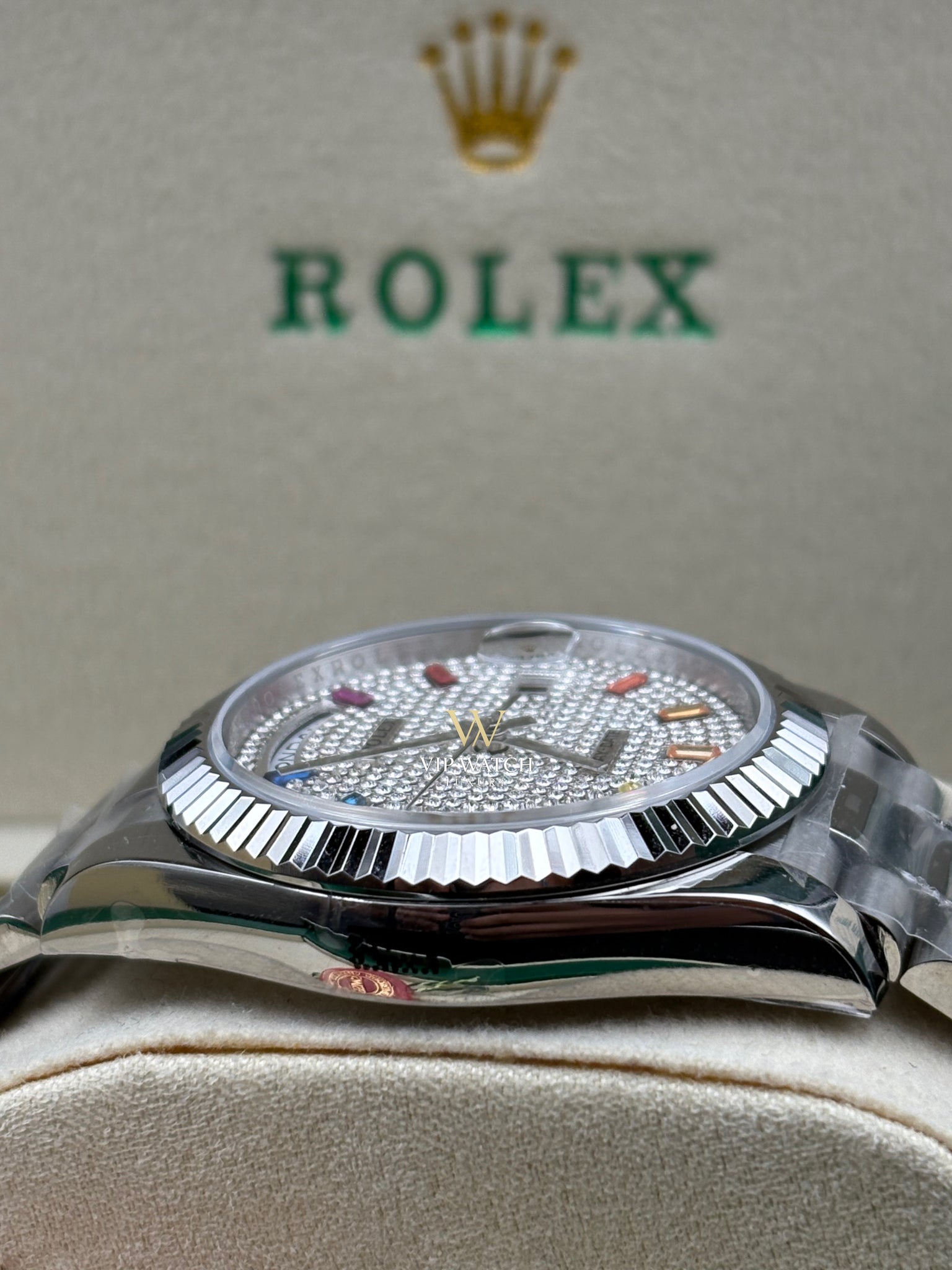 DAY DATE 40MM WATCH FLUTED BEZEL DIAMOND PAVED RAINBOW SAPPHIRE DIAL