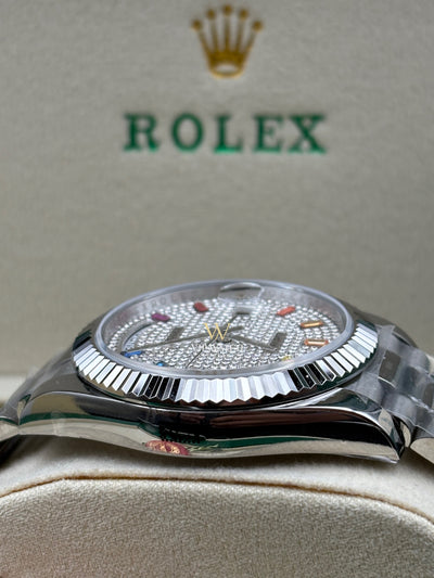 DAY DATE 40MM WATCH FLUTED BEZEL DIAMOND PAVED RAINBOW SAPPHIRE DIAL