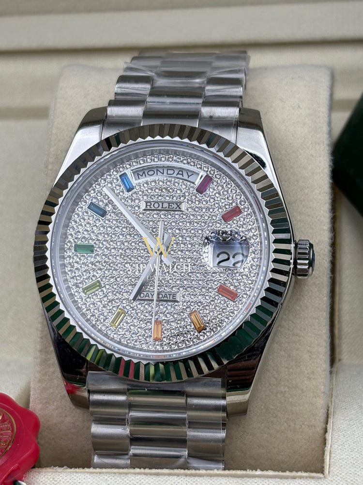 DAY DATE 40MM WATCH FLUTED BEZEL DIAMOND PAVED RAINBOW SAPPHIRE DIAL