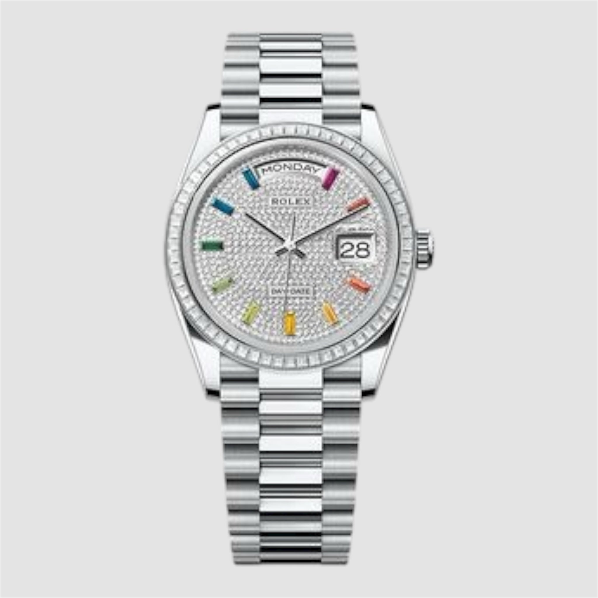 DAY DATE 40MM WATCH FLUTED BEZEL DIAMOND PAVED RAINBOW SAPPHIRE DIAL