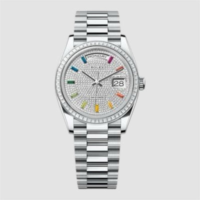 DAY DATE 40MM WATCH FLUTED BEZEL DIAMOND PAVED RAINBOW SAPPHIRE DIAL