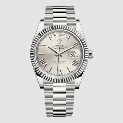 Rolex Day-Date 228239-0006 Silver Quadrant Motif Bevelled Roman Dial 40mm White Gold Mens Watch