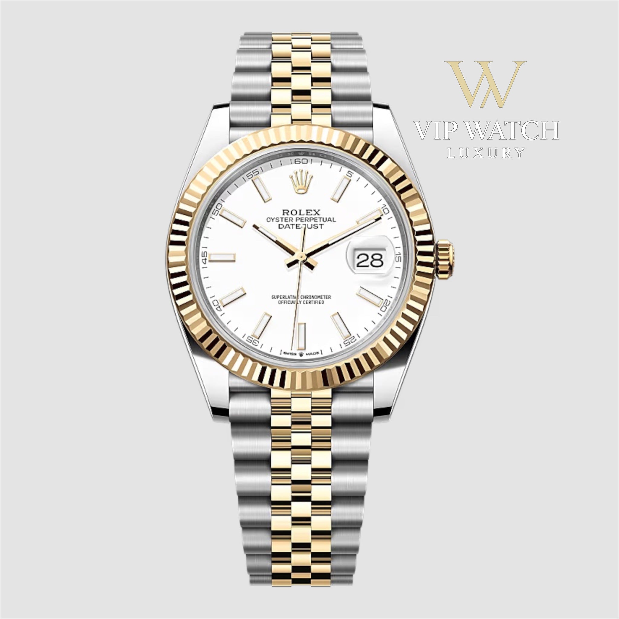 Rolex Date-Just Two Tone Yellow Gold White Dial Jubilee