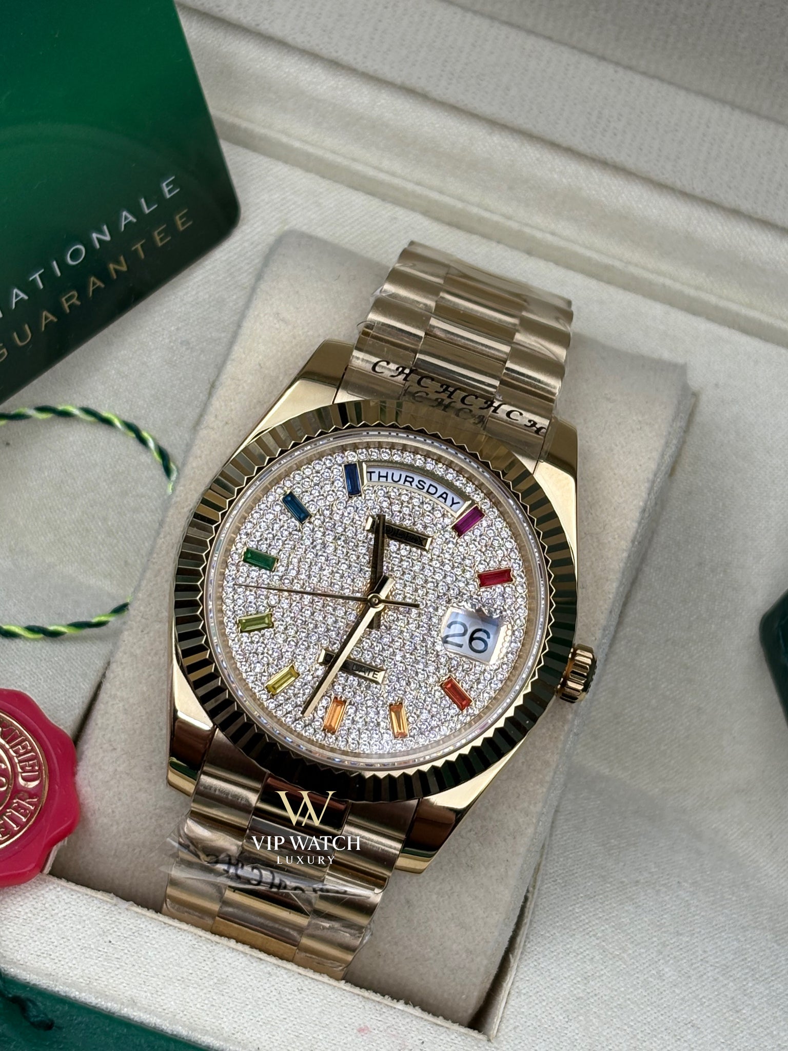 Rolex Day-Date Yellow Gold Pave Rainbow Dial Diamond Bezel President