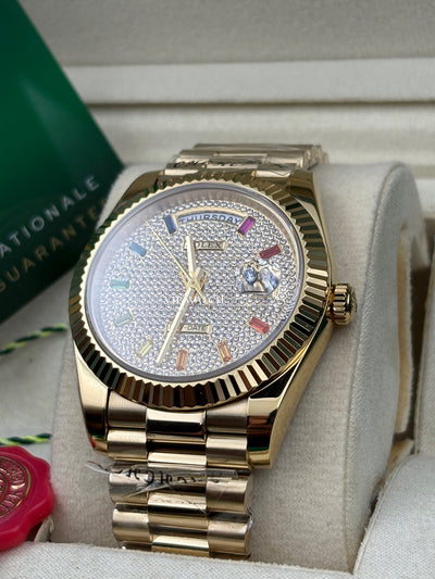 Rolex Day-Date Yellow Gold Pave Rainbow Dial Diamond Bezel President