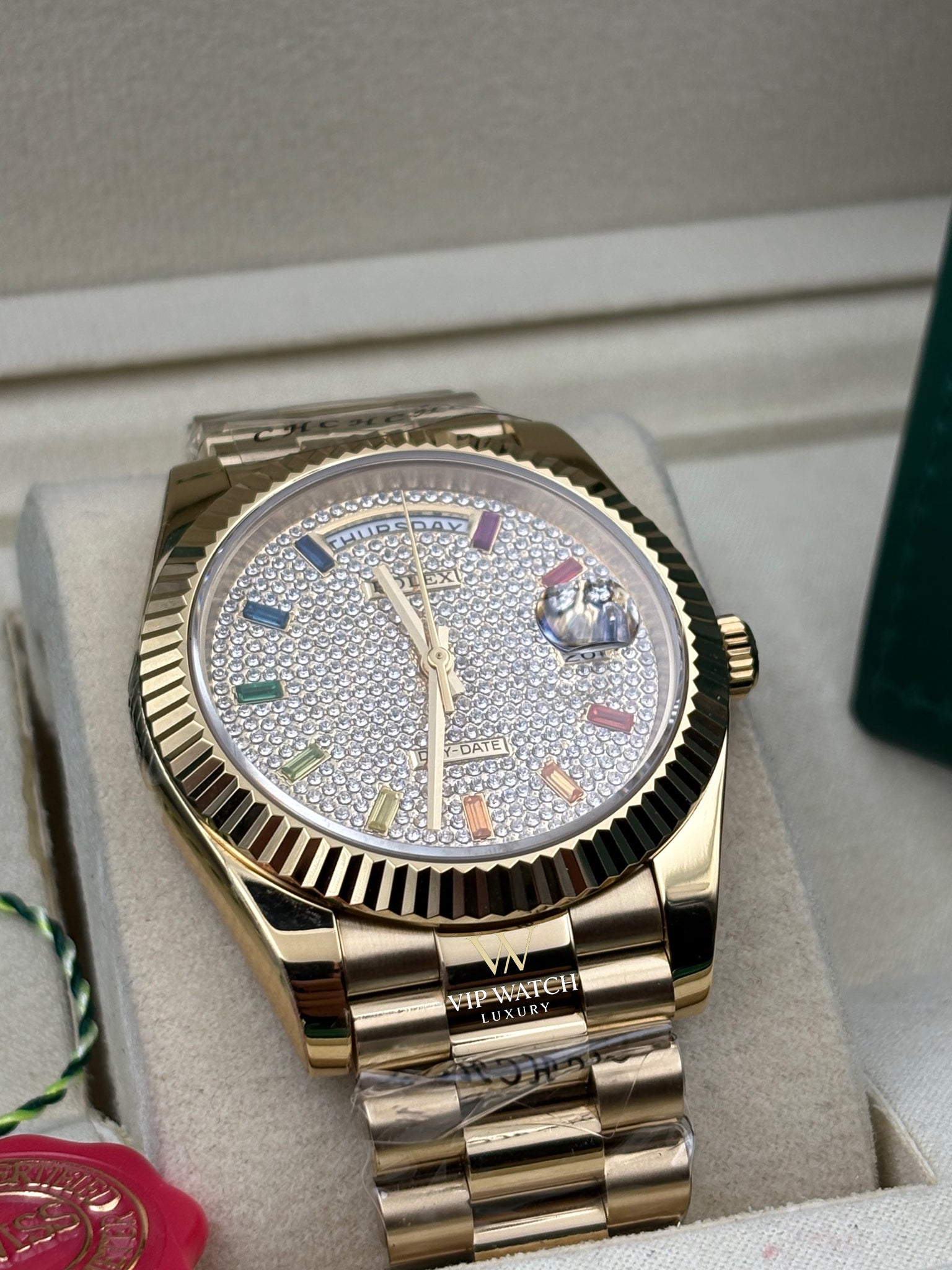 Rolex Day-Date Yellow Gold Pave Rainbow Dial Diamond Bezel President