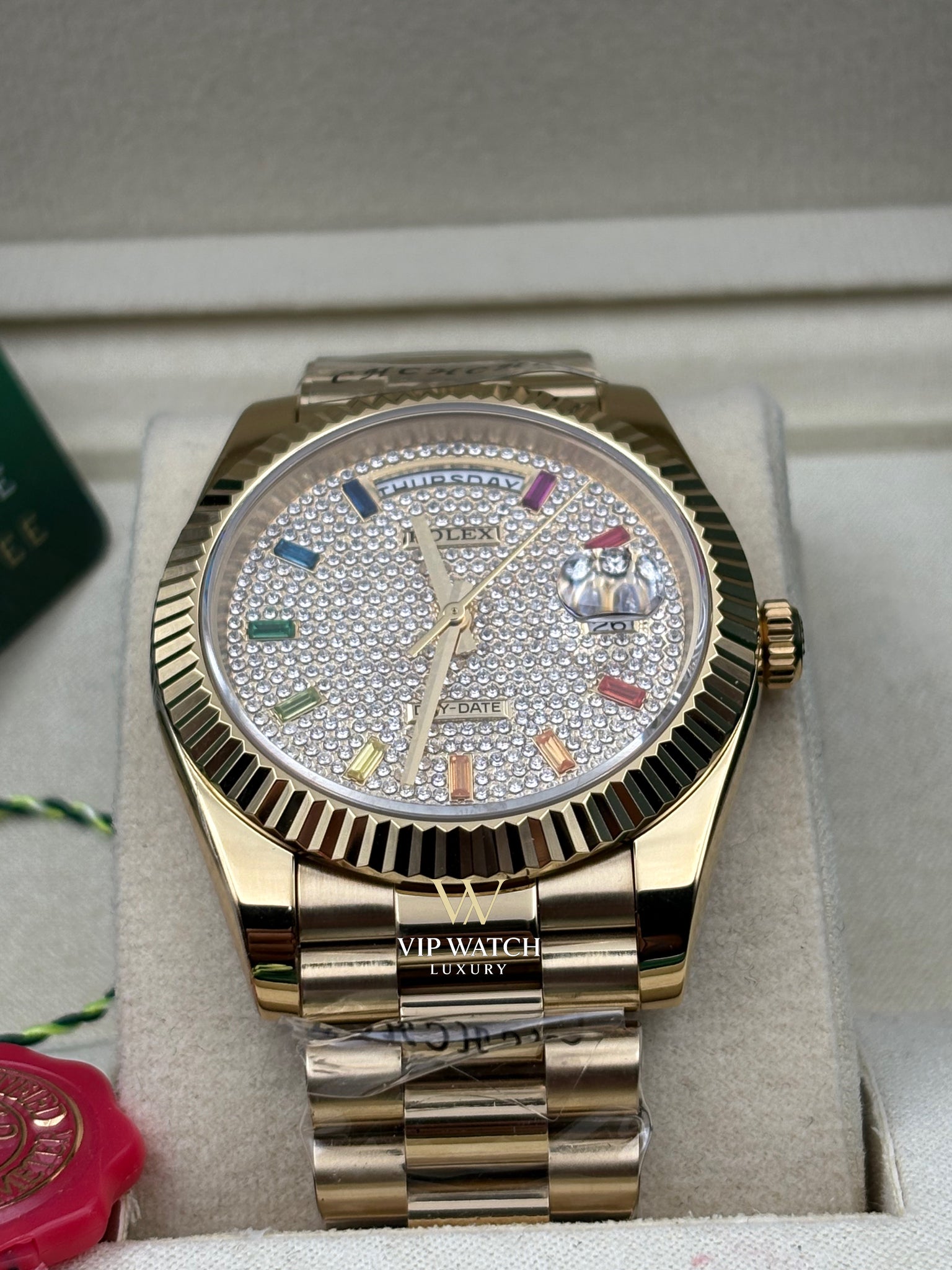 Rolex Day-Date Yellow Gold Pave Rainbow Dial Diamond Bezel President