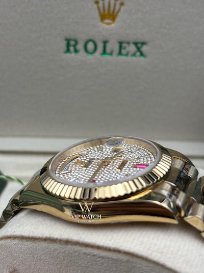 Rolex Day-Date Yellow Gold Pave Rainbow Dial Diamond Bezel President