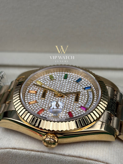 Rolex Day-Date Yellow Gold Pave Rainbow Dial Diamond Bezel President