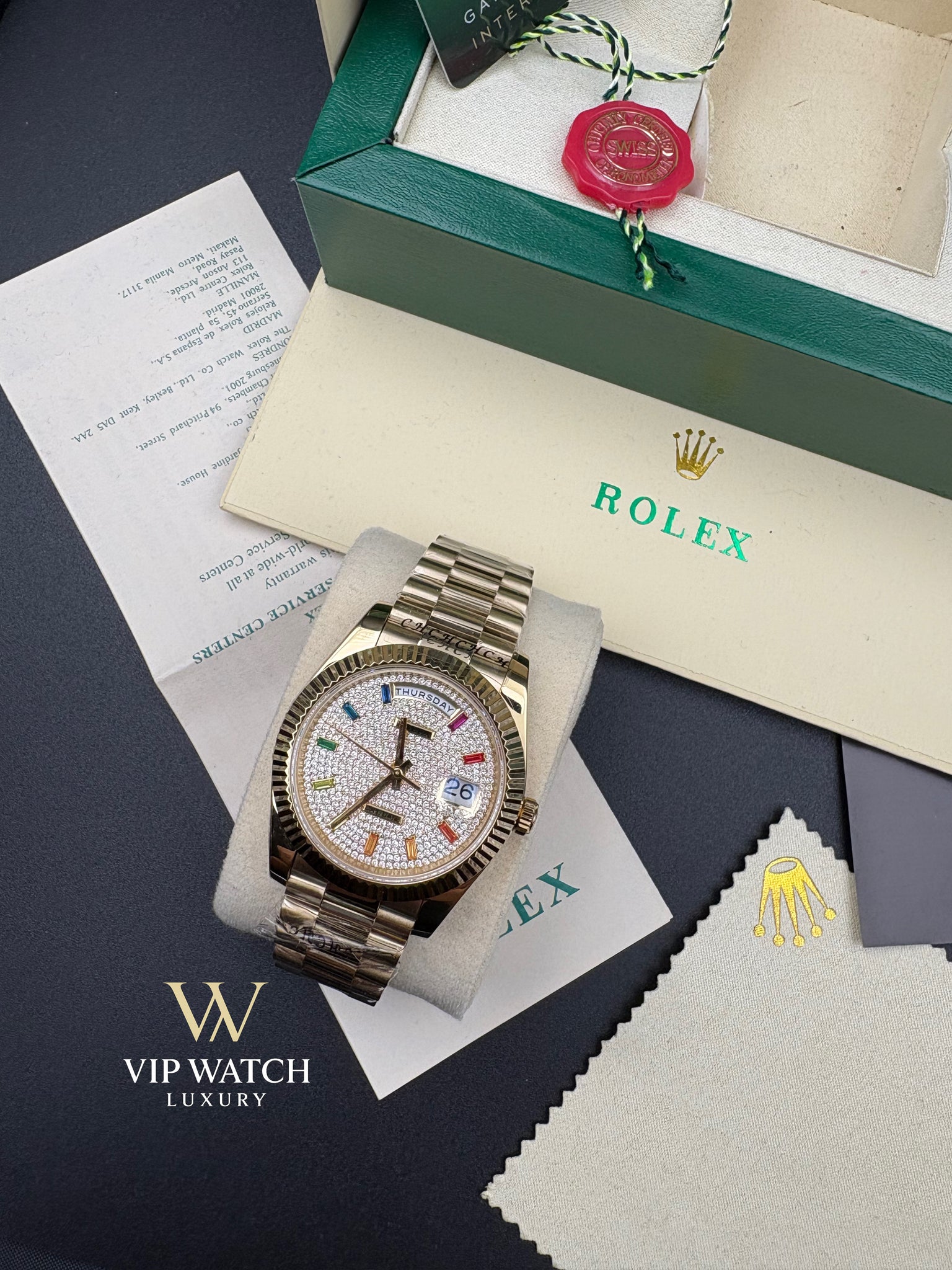 Rolex Day-Date Yellow Gold Pave Rainbow Dial Diamond Bezel President