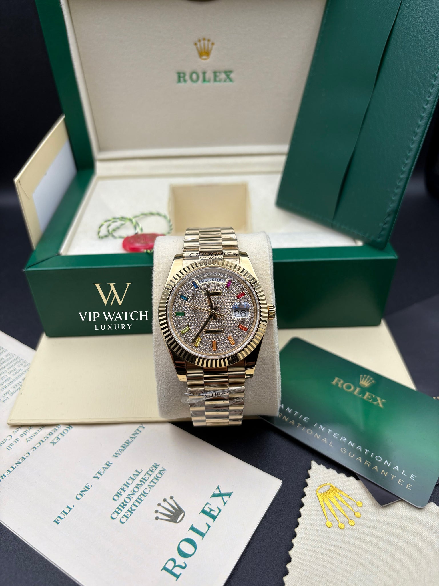 Rolex Day-Date Yellow Gold Pave Rainbow Dial Diamond Bezel President
