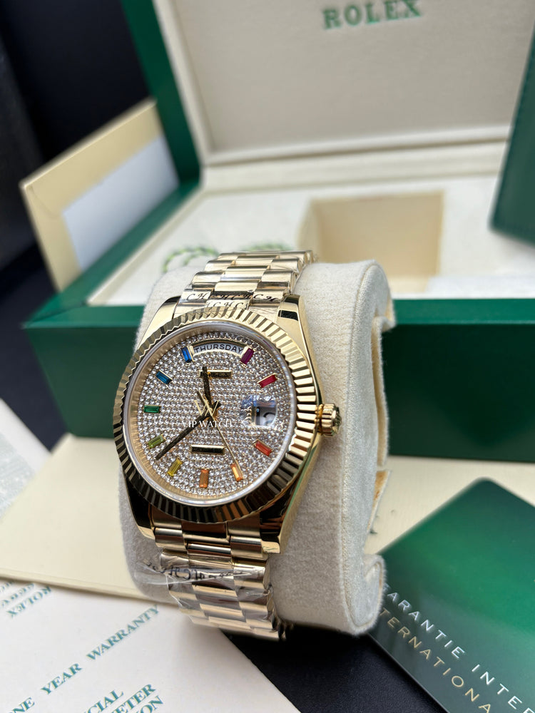 Rolex Day-Date Yellow Gold Pave Rainbow Dial Diamond Bezel President