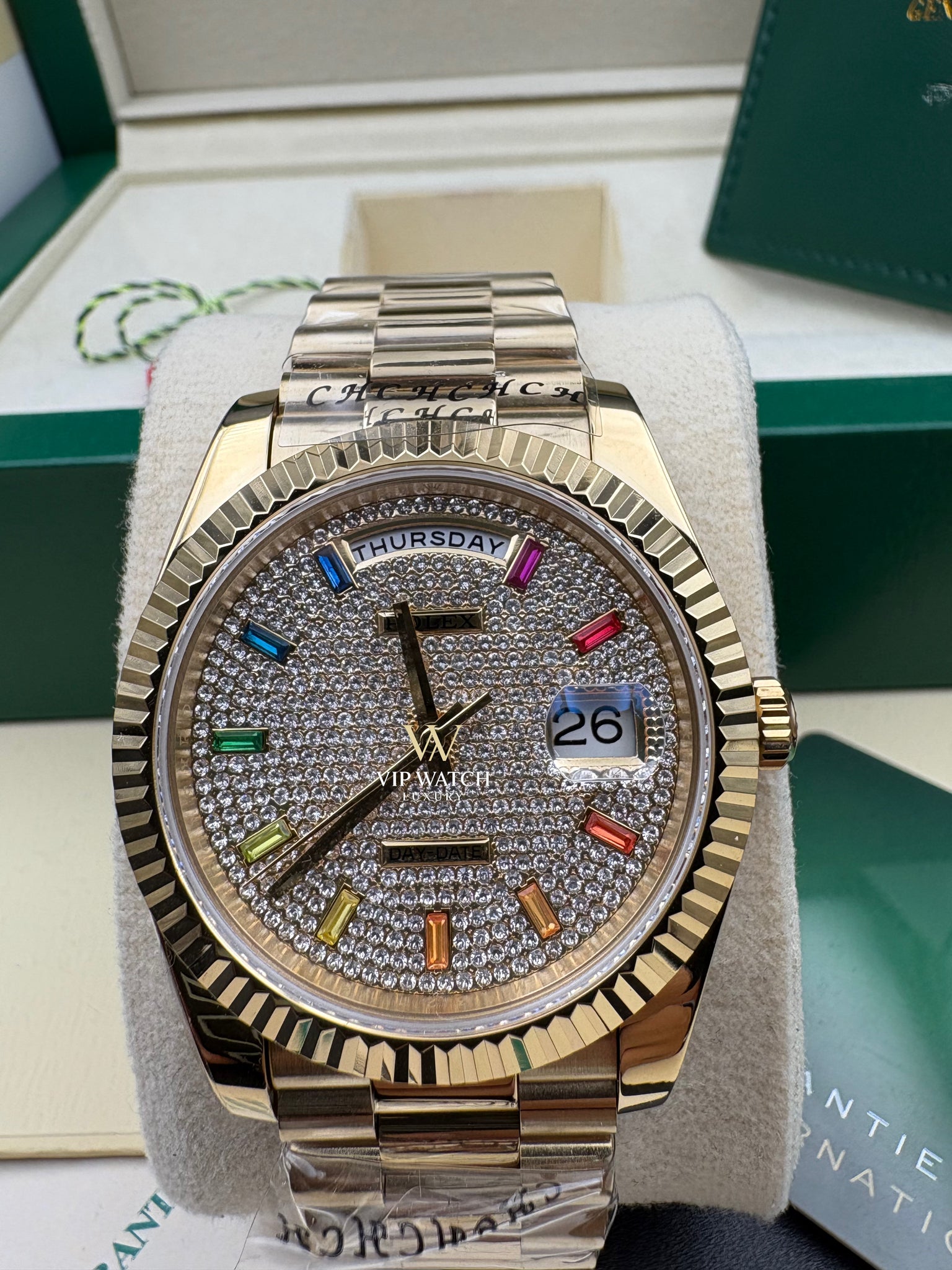 Rolex Day-Date Yellow Gold Pave Rainbow Dial Diamond Bezel President