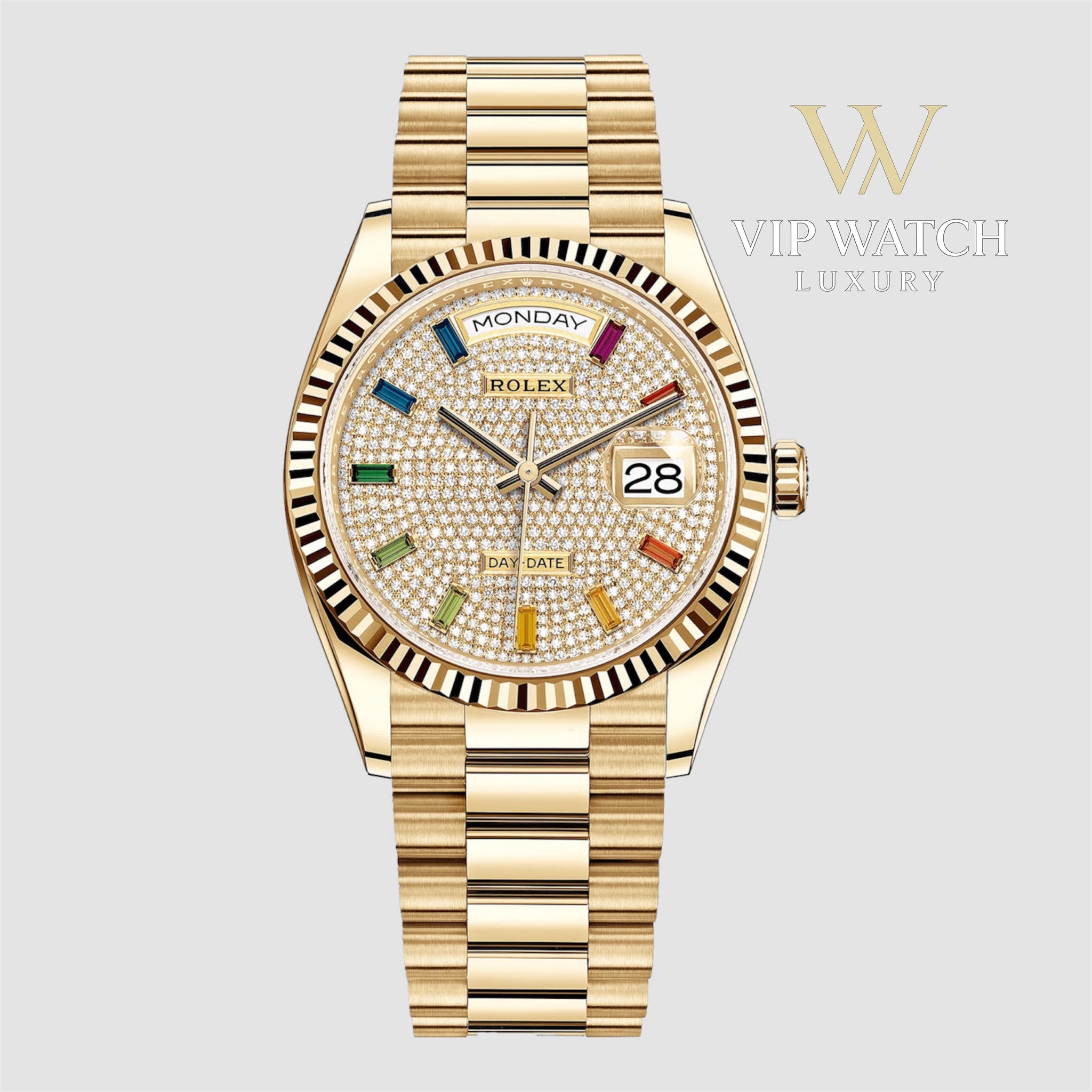 Rolex Day-Date Yellow Gold Pave Rainbow Dial Diamond Bezel President