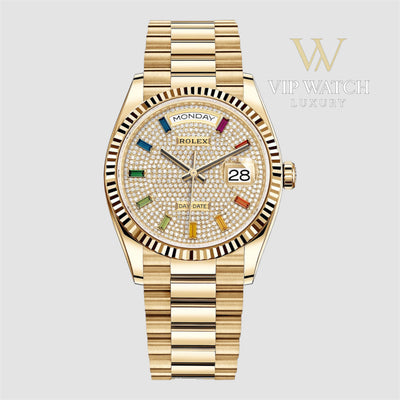 Rolex Day-Date Yellow Gold Pave Rainbow Dial Diamond Bezel President