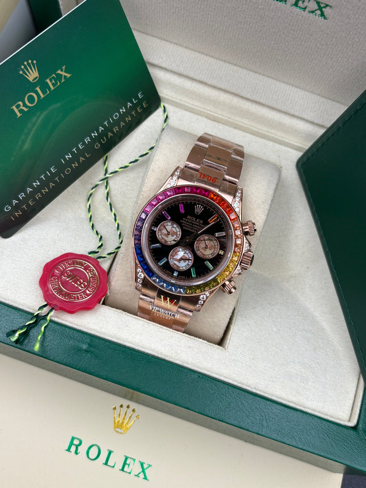 DAYT0NA COSM0GRAPH BLACK DIAL ROSE GOLD RAINBOW 40MM