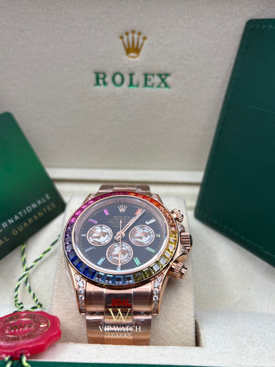 DAYT0NA COSM0GRAPH BLACK DIAL ROSE GOLD RAINBOW 40MM