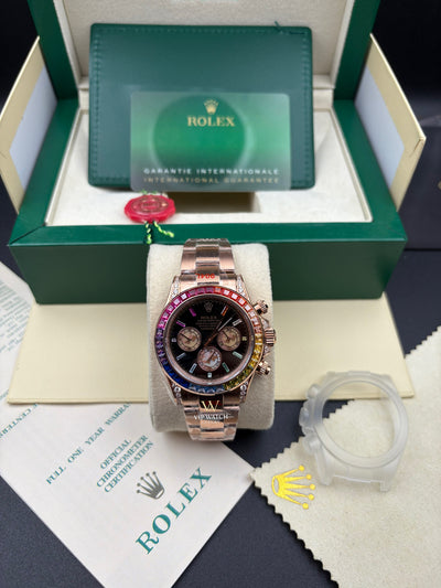 DAYT0NA COSM0GRAPH BLACK DIAL ROSE GOLD RAINBOW 40MM