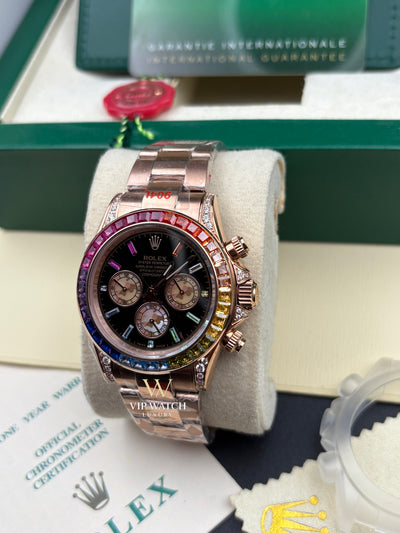 DAYT0NA COSM0GRAPH BLACK DIAL ROSE GOLD RAINBOW 40MM