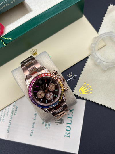 DAYT0NA COSM0GRAPH BLACK DIAL ROSE GOLD RAINBOW 40MM