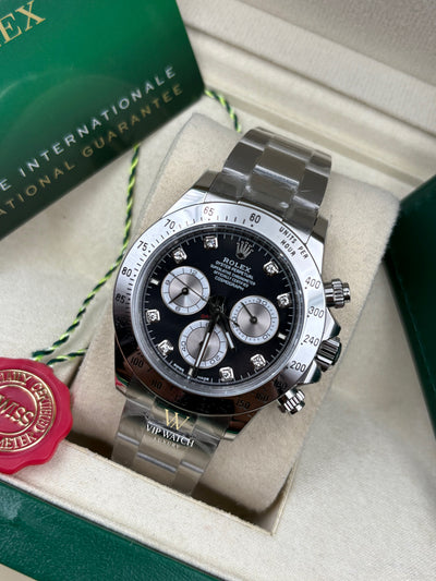 Rolex Daytona Cosmograph Steel Bright Black Dial Diamond markers 40mm